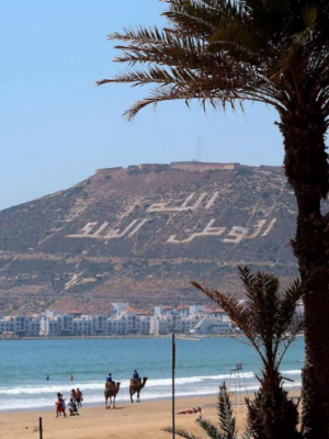 Agadir beach with golden sand, palm trees, and people enjoying the sunshine and sea, epitomizing the city's coastal charm and leisurely atmosphere.